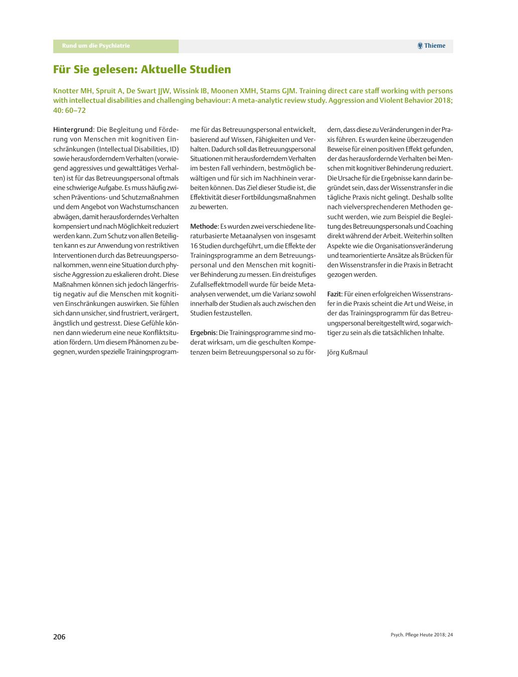 Vorschauseite 1: Für Sie gelesen: Aktuelle Studien: Knotter MH, Spruit A, De Swart JJW, Wissink IB, Moonen XMH, Stams GJM. Training direct care staff working with persons with intellectual disabil…