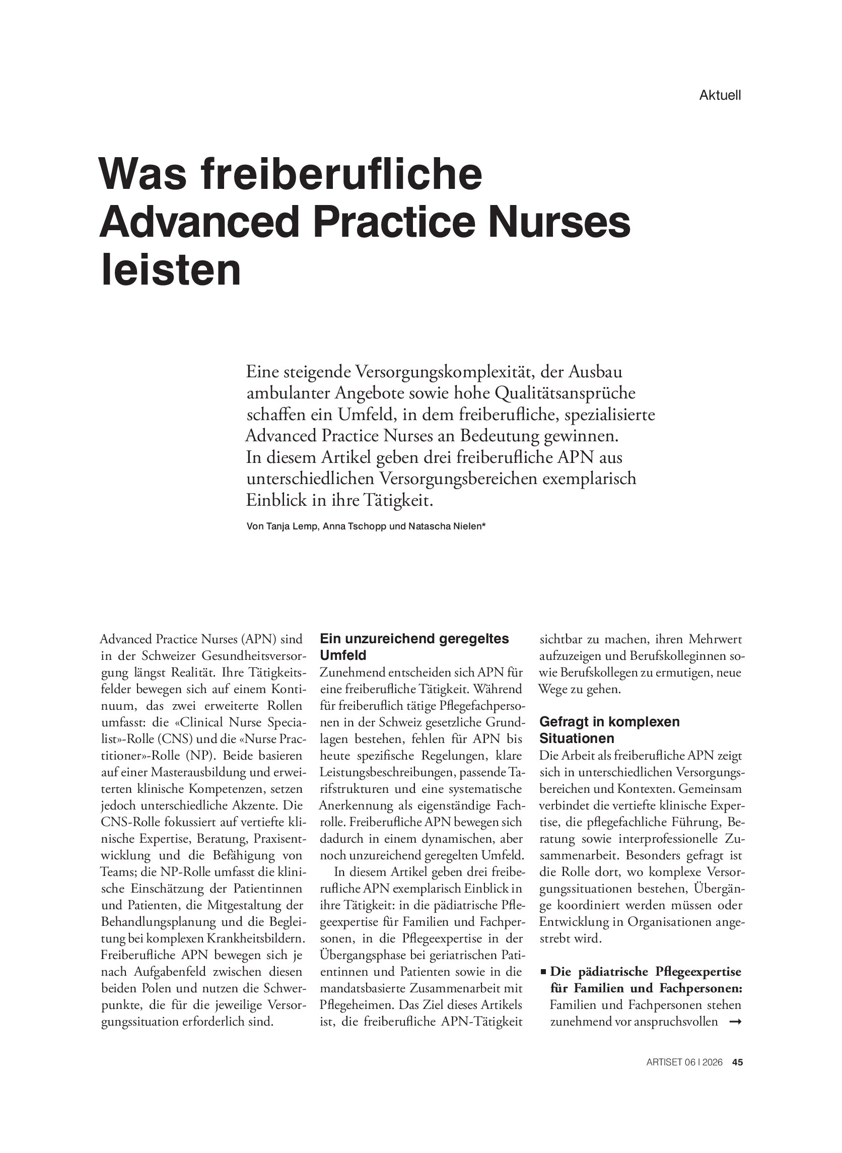 Vorschauseite 1: Was freiberufliche Advanced Practice Nurses leisten