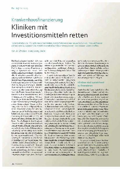 Vorschauseite 1: Krankenhausfinanzierung: Kliniken mit Investitionsmitteln retten