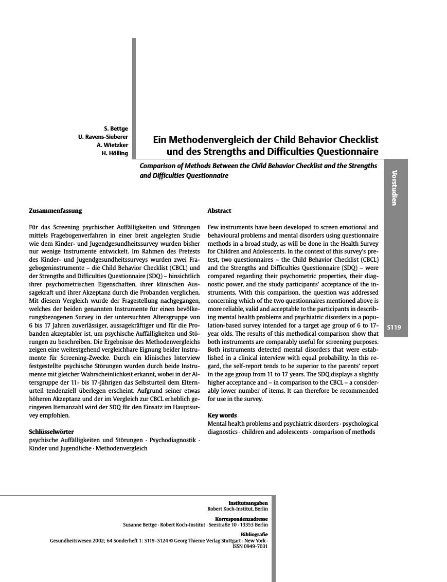 Vorschauseite 1: Ein Methodenvergleich der Child Behavior Checklist und des Strengths and Difficulties Questionnaire