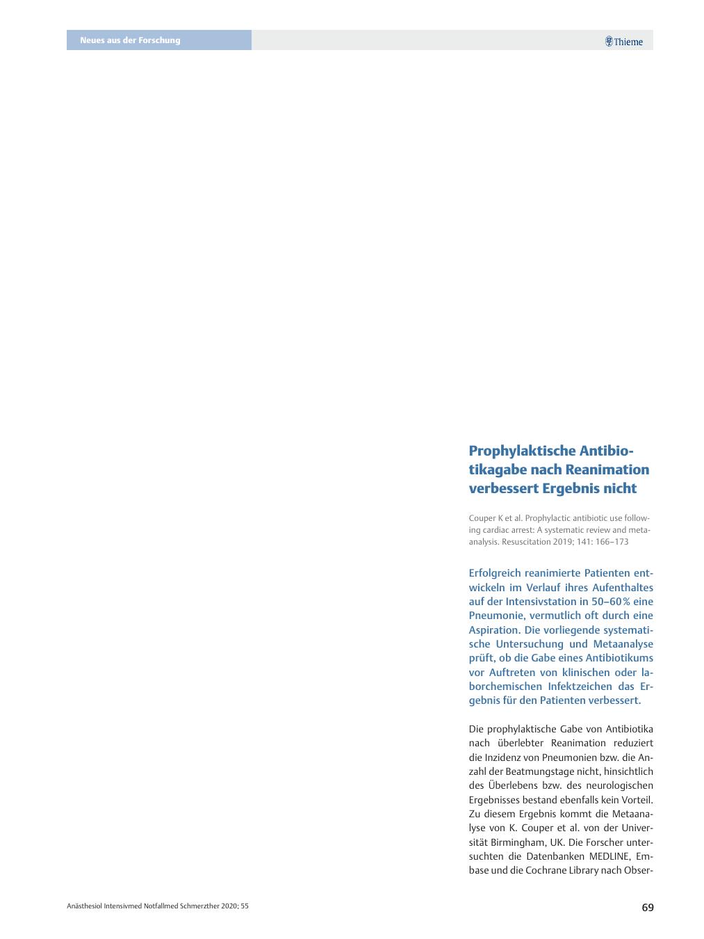 Vorschauseite 1: Prophylaktische Antibiotikagabe nach Reanimation verbessert Ergebnis nicht.