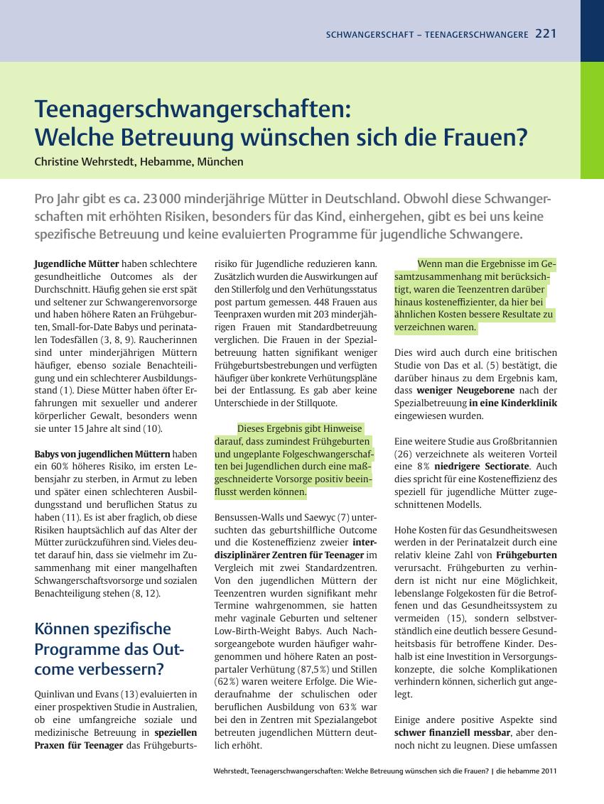 Vorschauseite 1: Teenagerschwangerschaften: Welche Betreuung wünschen sich die Frauen?
