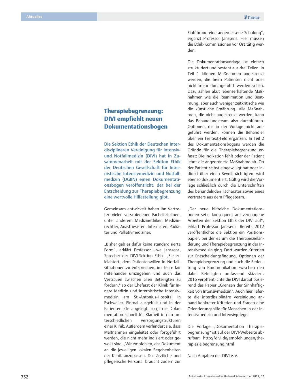 Vorschauseite 1: Therapiebegrenzung: DIVI empfiehlt neuen Dokumentationsbogen