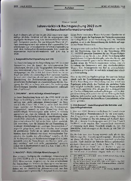 Vorschauseite 1: Jahresrückblick Rechtsprechung 2023 zum Verbraucherinformationsrecht
