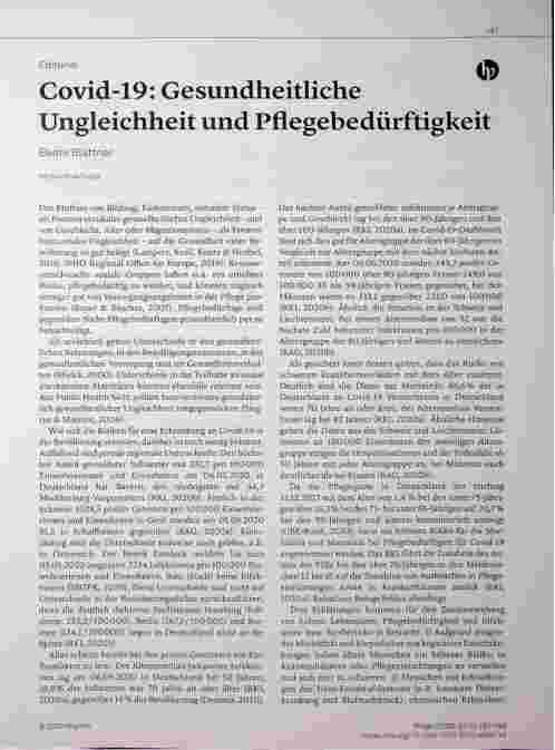 Vorschauseite 1: Covid-19: Gesundheitliche Ungleichheit und Pflegebedürftigkeit