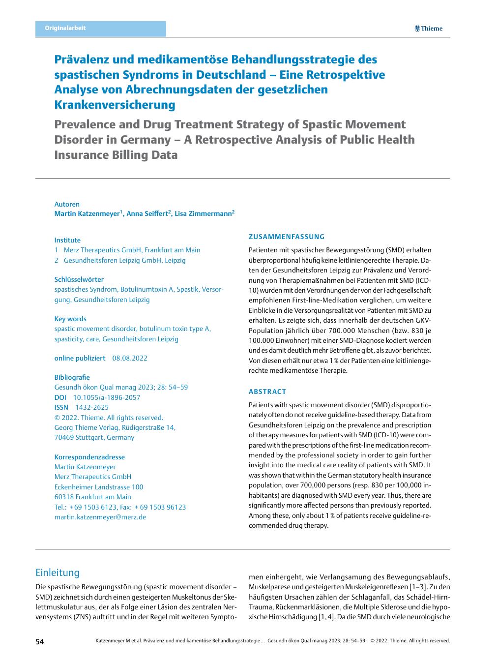 Vorschauseite 1: Prävalenz und medikamentöse Behandlungsstrategie des spastischen Syndroms in Deutschland – Eine Retrospektive Analyse von Abrechnungsdaten der gesetzlichen Krankenversicherung