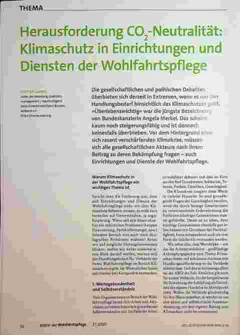 Vorschauseite 1: Herausforderung CO2-Neutralität: Klimaschutz in Einrichtungen und Diensten der Wohlfahrtspflege