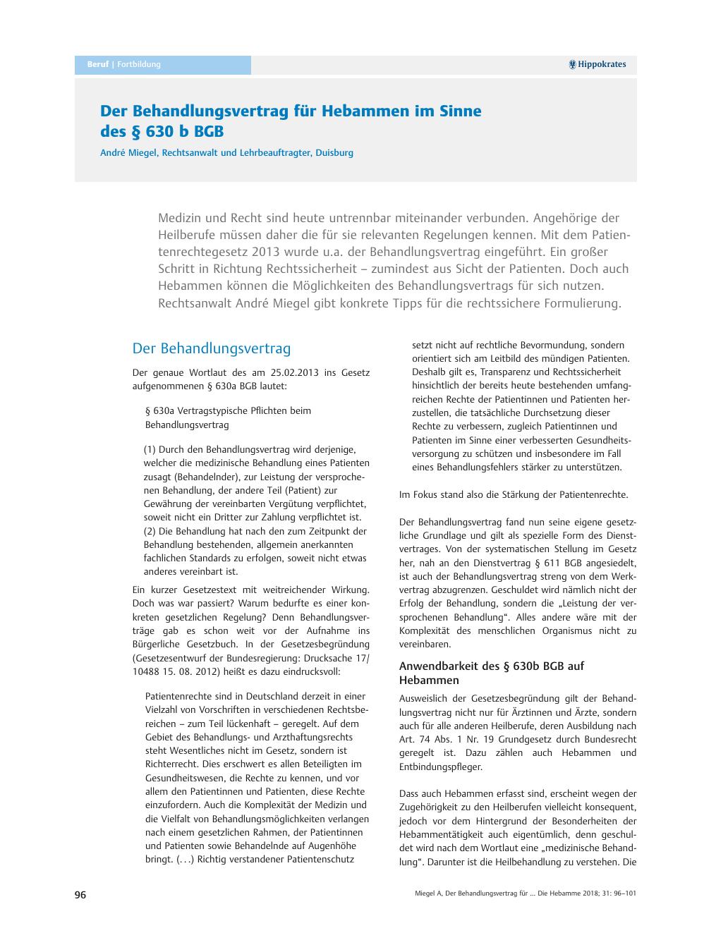 Vorschauseite 1: Der Behandlungsvertrag für Hebammen im Sinne des § 630 b BGB