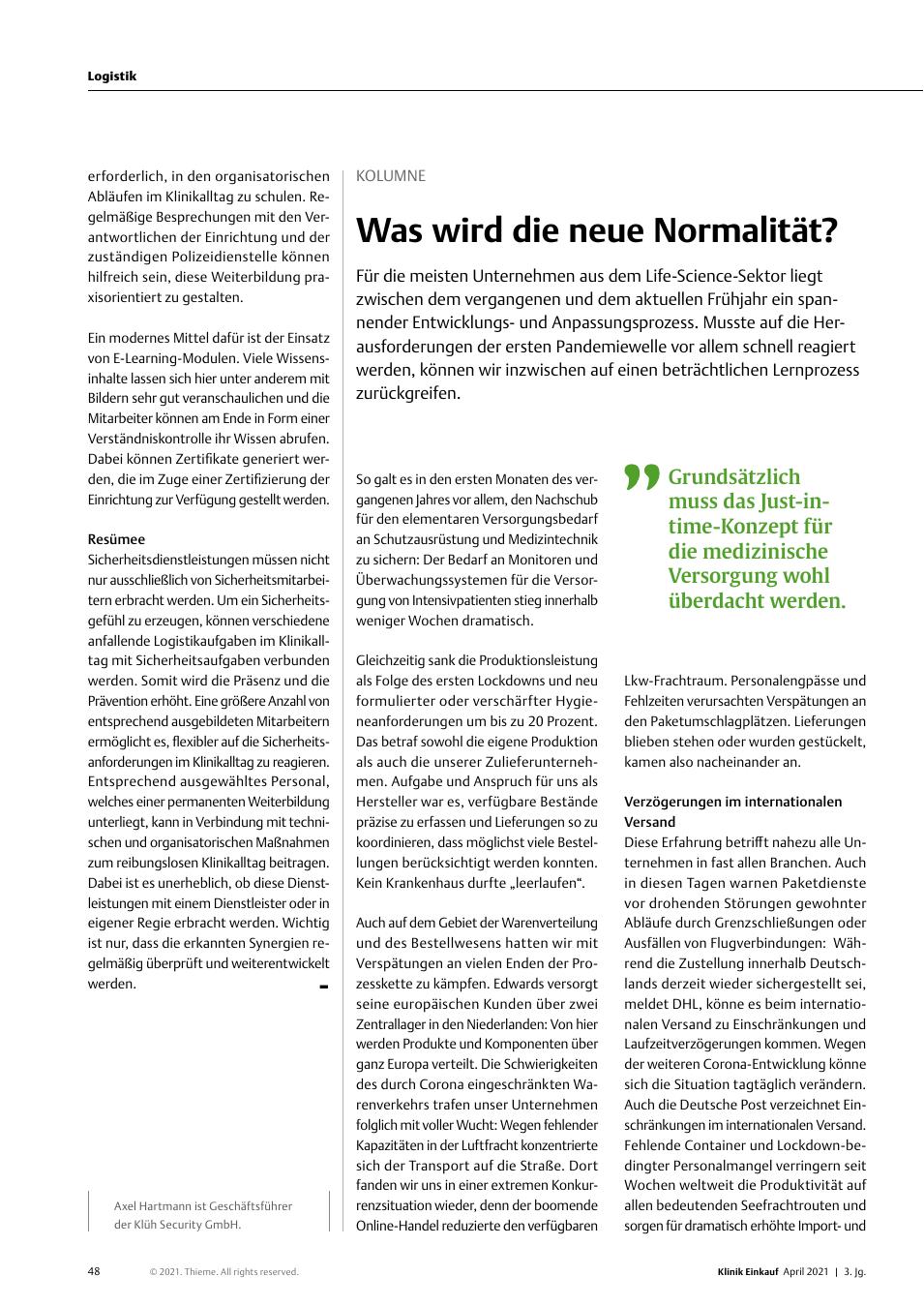Vorschauseite 1: Kolumne: Was wird die neue Normalität?