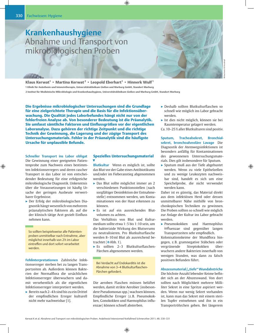 Vorschauseite 1: Krankenhaushygiene – Abnahme und Transport von mikrobiologischen Proben