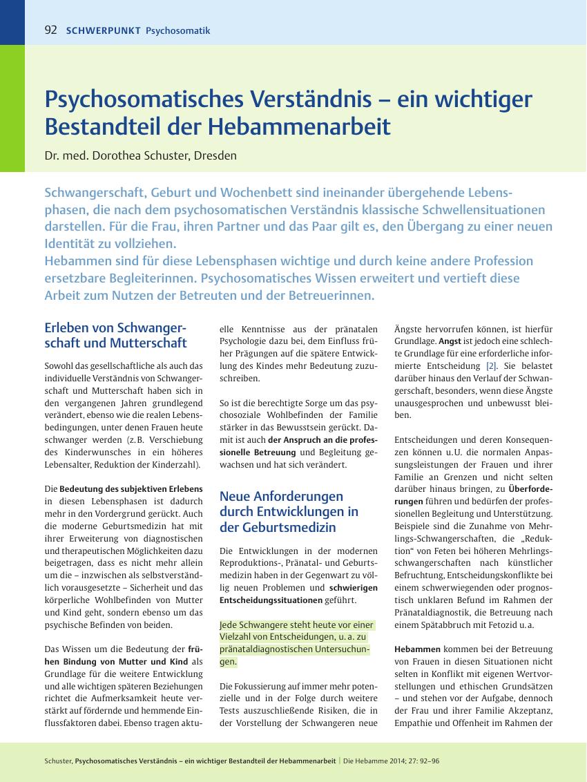 Vorschauseite 1: Psychosomatisches Verständnis – ein wichtiger Bestandteil der Hebammenarbeit