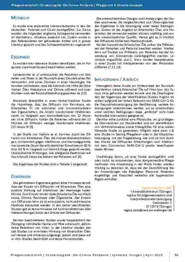 Vorschauseite 2: Die Zerstäubung von ätherischen Ölen in der Raumluft zur Prävention und/oder Behandlung von Infektionen der Atemwege. Erste Ergebnisse einer Literaturrecherche.