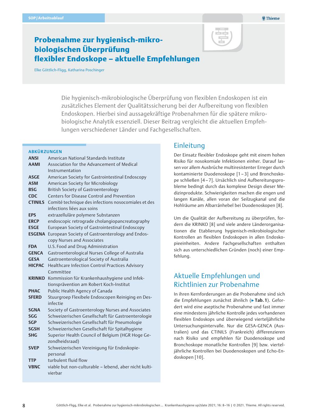 Vorschauseite 1: Probenahme zur hygienisch-mikrobiologischen Überprüfung flexibler Endoskope – aktuelle Empfehlungen