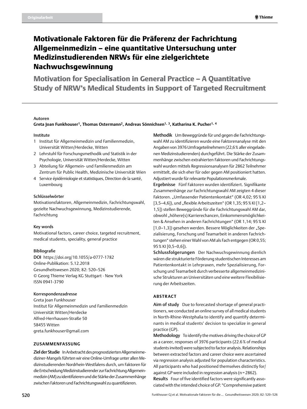 Vorschauseite 1: Motivationale Faktoren für die Präferenz der Fachrichtung Allgemeinmedizin – eine quantitative Untersuchung unter Medizinstudierenden NRWs für eine zielgerichtete Nachwuchsgewinnu…