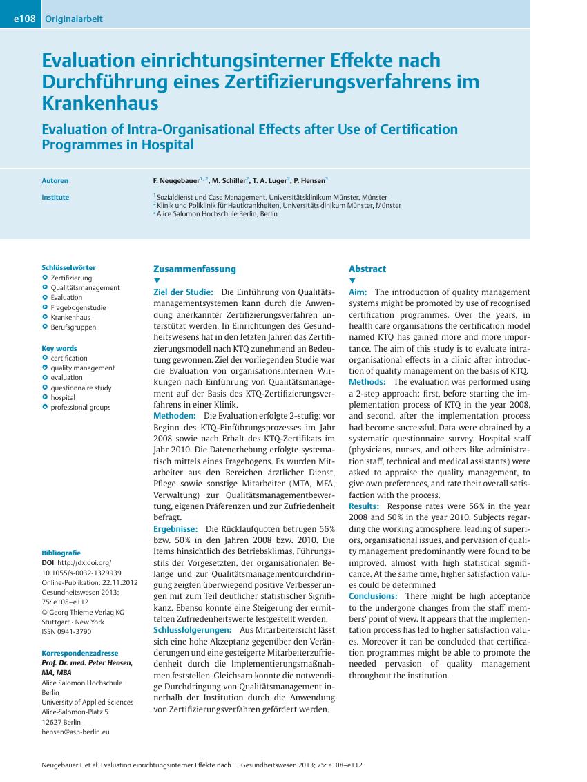 Vorschauseite 1: Evaluation einrichtungsinterner Effekte nach Durchführung eines Zertifizierungsverfahrens im Krankenhaus