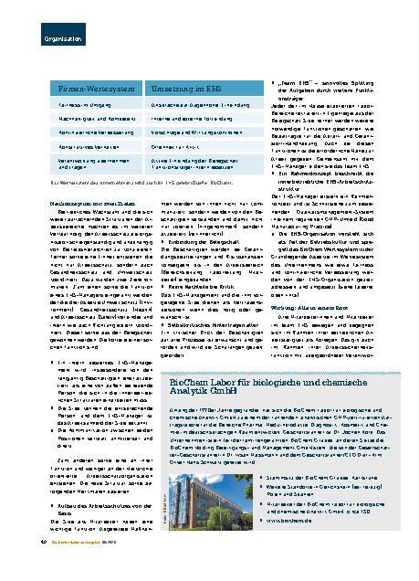 Vorschauseite 2: Aufbau eines neuen Arbeitsschutzkonzepts bei BioChem – Teil 1 Arbeitsschutz von der Basis