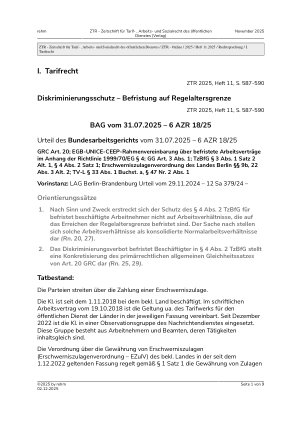 Vorschauseite 1: I. Tarifrecht Diskriminierungsschutz – Befristung auf Regelaltersgrenze