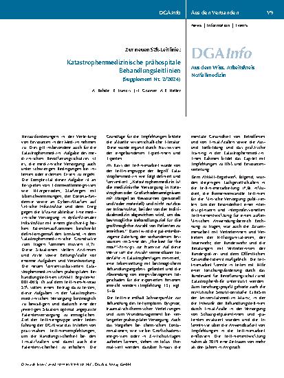 Vorschauseite 1: Die neuen S2k-Leitlinie: Katastrophenmedizinische prähospitale Behandlungsleitlinien (Supplement Nr. 2/2024)