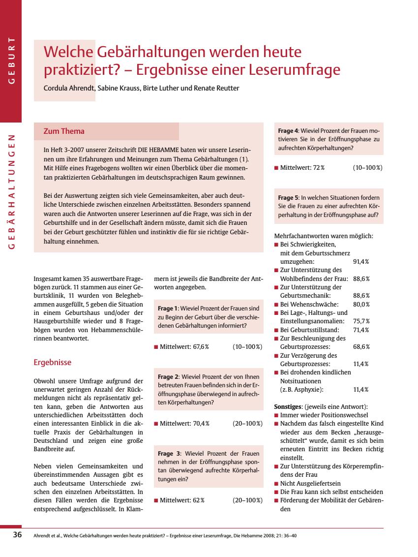Vorschauseite 1: Welche Gebärhaltungen werden heute praktiziert? - Ergebnisse einer Leserumfrage