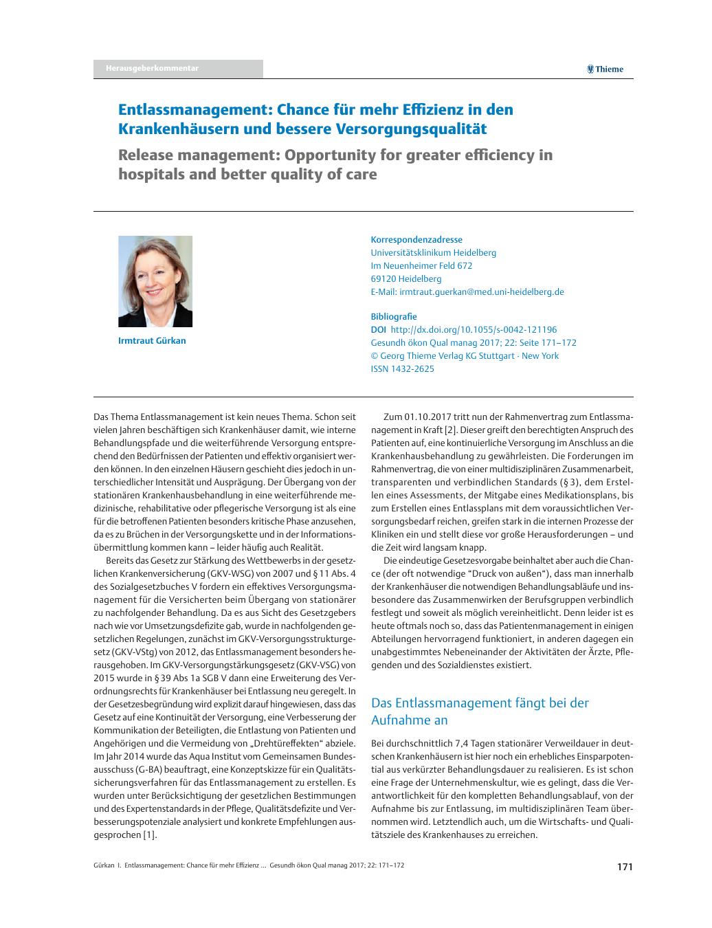 Vorschauseite 1: Entlassmanagement: Chance für mehr Effizienz in den Krankenhäusern und bessere Versorgungsqualität
