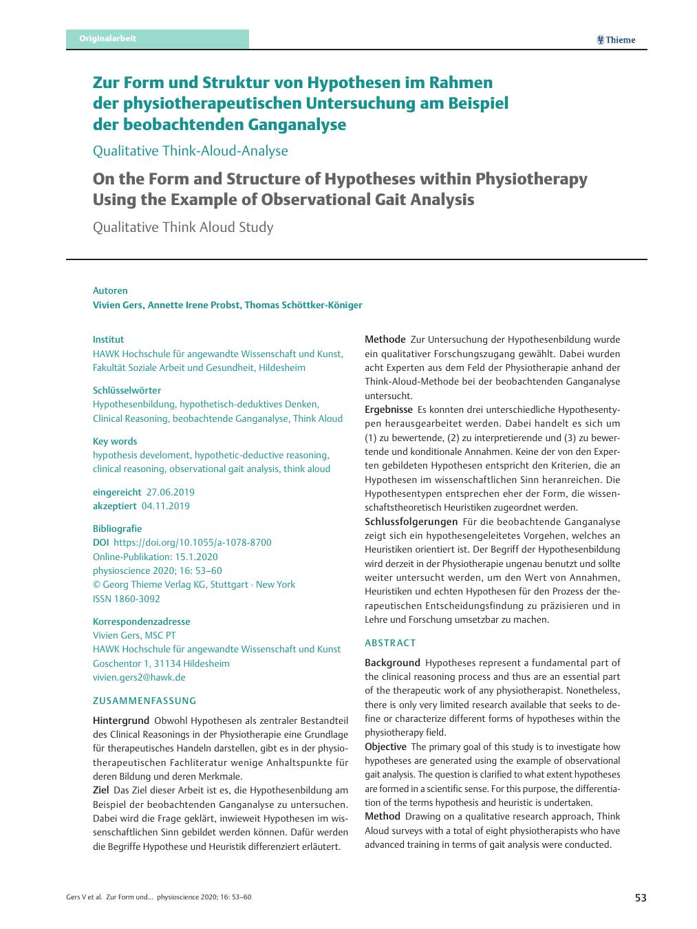 Vorschauseite 1: Zur Form und Struktur von Hypothesen im Rahmen der physiotherapeutischen Untersuchung am Beispiel der beobachtenden Ganganalyse – Qualitative Think-Aloud-Analyse