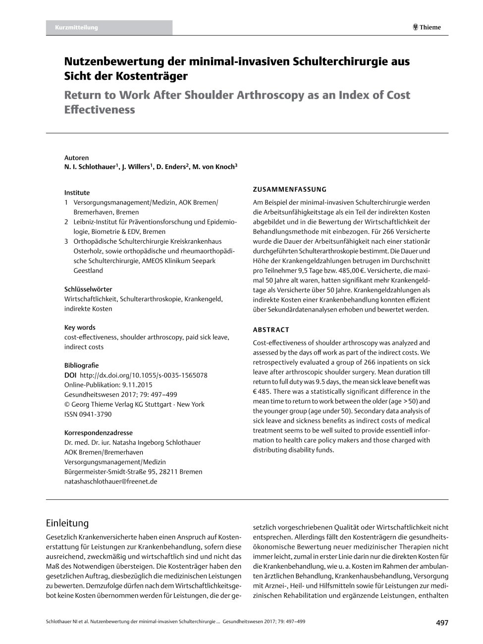 Vorschauseite 1: Nutzenbewertung der minimal-invasiven Schulterchirurgie aus Sicht der Kostenträger