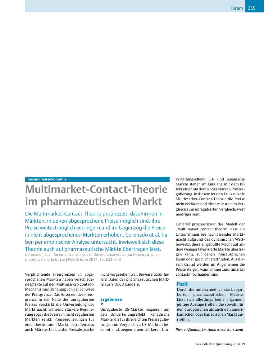 Vorschauseite 1: Gesundheitsökonomie ? Multimarket-Contact-Theorie im pharmazeutischen Markt