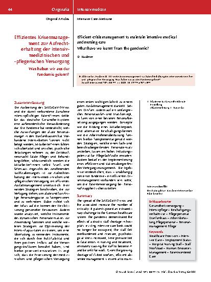 Vorschauseite 1: Effizientes Krisenmanage ment zur Aufrechterhaltung der intensivmedizinischen und pflegerischen Versorgung Was haben wir aus der Pandemie gelernt?