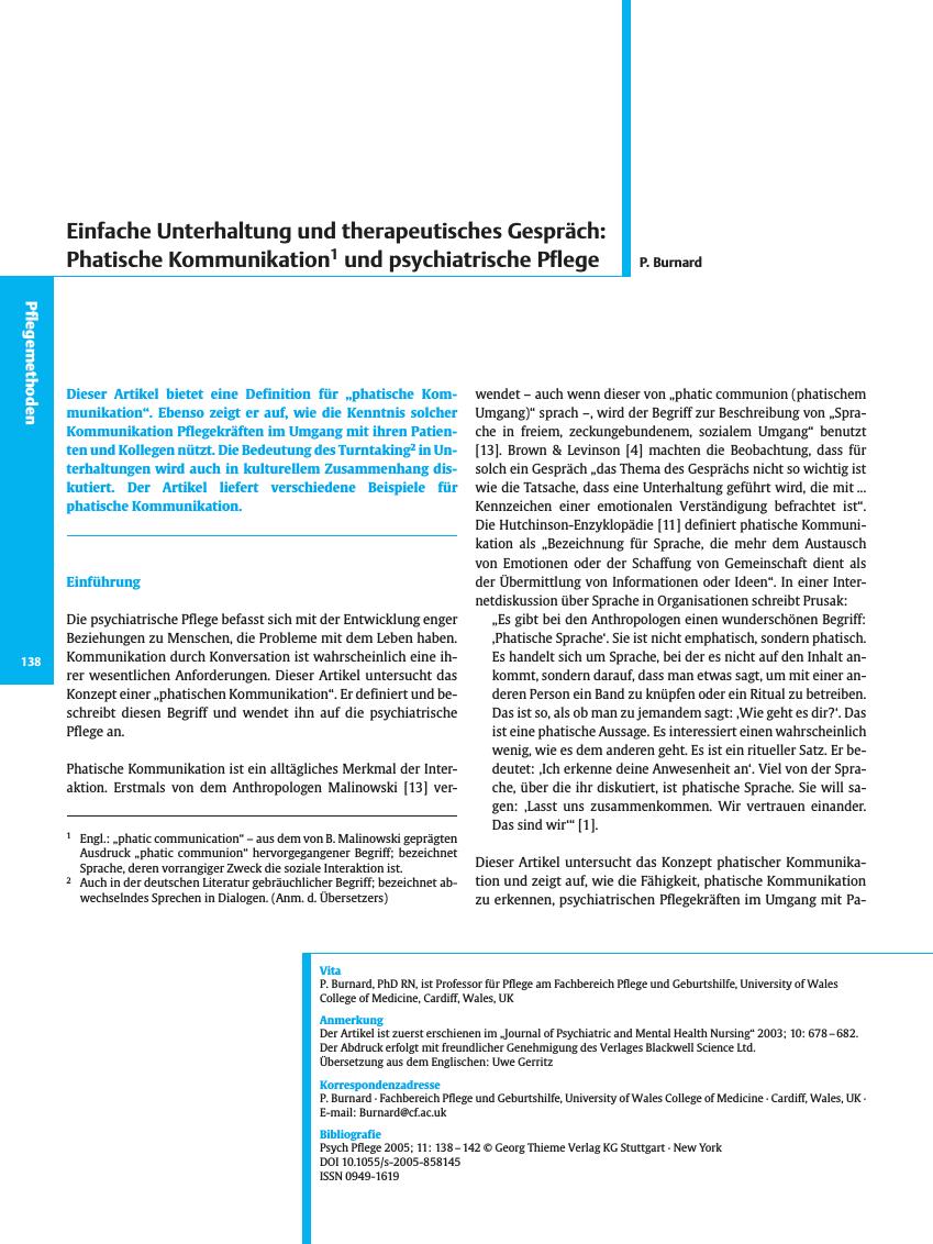 Vorschauseite 1: Einfache Unterhaltung und therapeutisches Gespräch: Phatische Kommunikation und psychiatrische Pflege