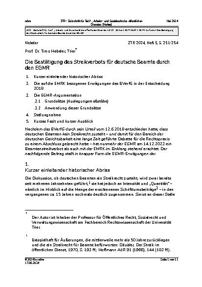 Vorschauseite 1: Die Bestätigung des Streikverbots für deutsche Beamte durch den EGMR.