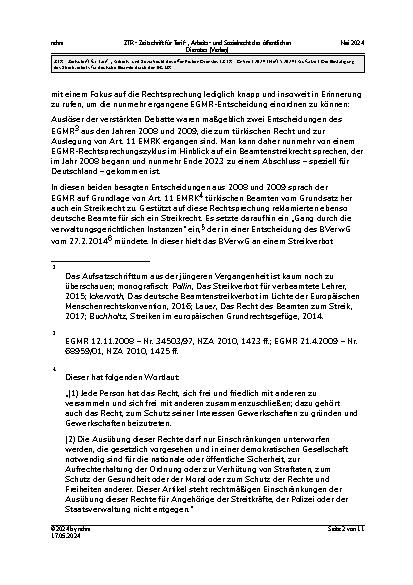 Vorschauseite 2: Die Bestätigung des Streikverbots für deutsche Beamte durch den EGMR.