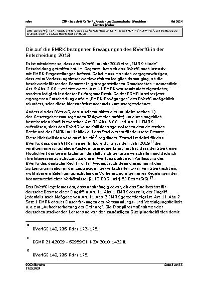 Vorschauseite 4: Die Bestätigung des Streikverbots für deutsche Beamte durch den EGMR.