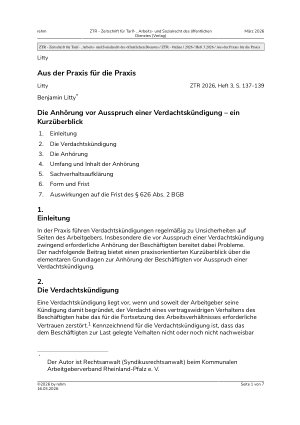 Vorschauseite 1: Die Anhörung vor Ausspruch einer Verdachtskündigung – ein Kurzüberblick