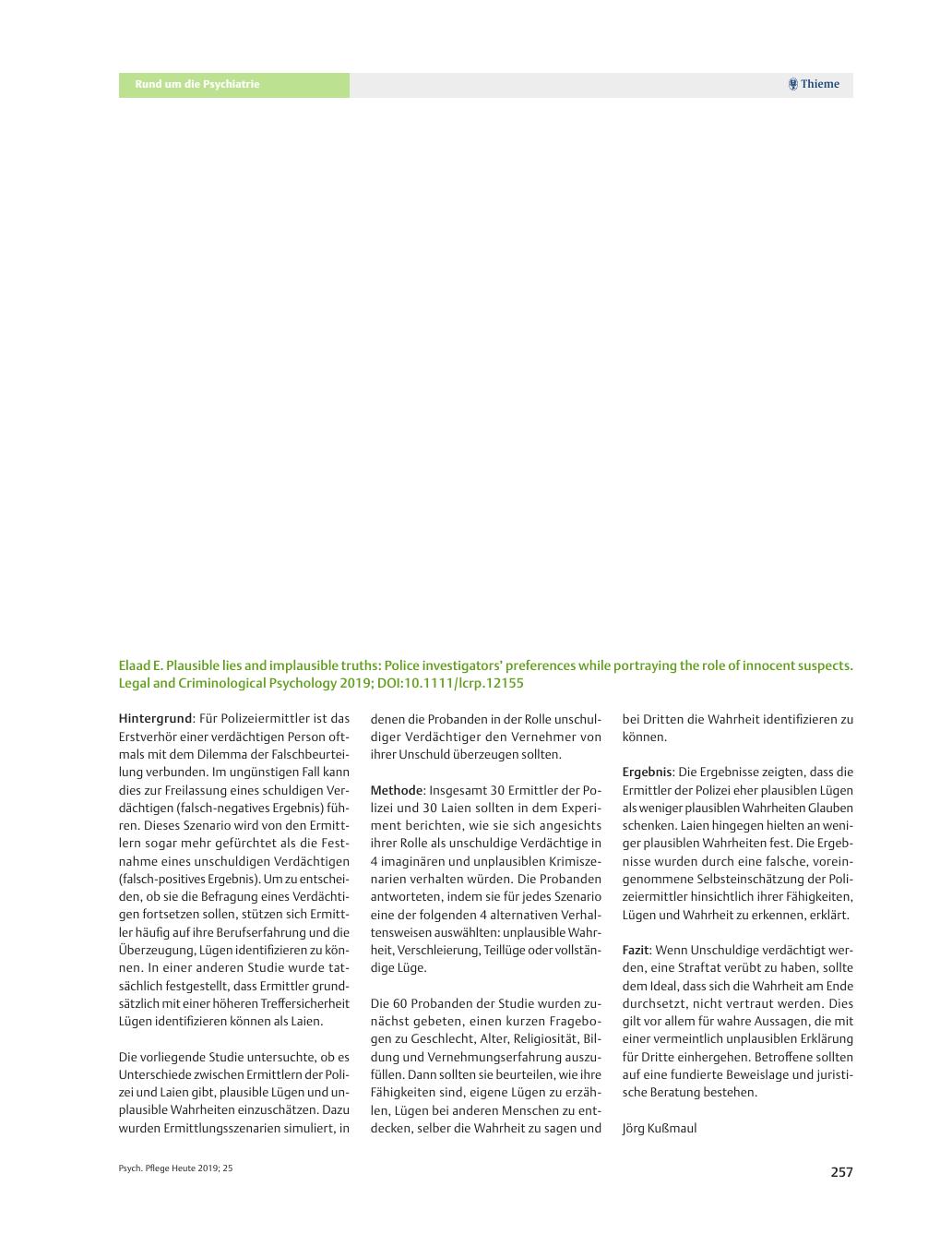 Vorschauseite 1: Für Sie gelesen: Aktuelle Studien: Elaad E. Plausible lies and implausible truths: Police investigators’ preferences while portraying the role of innocent suspects. Legal and Crim…