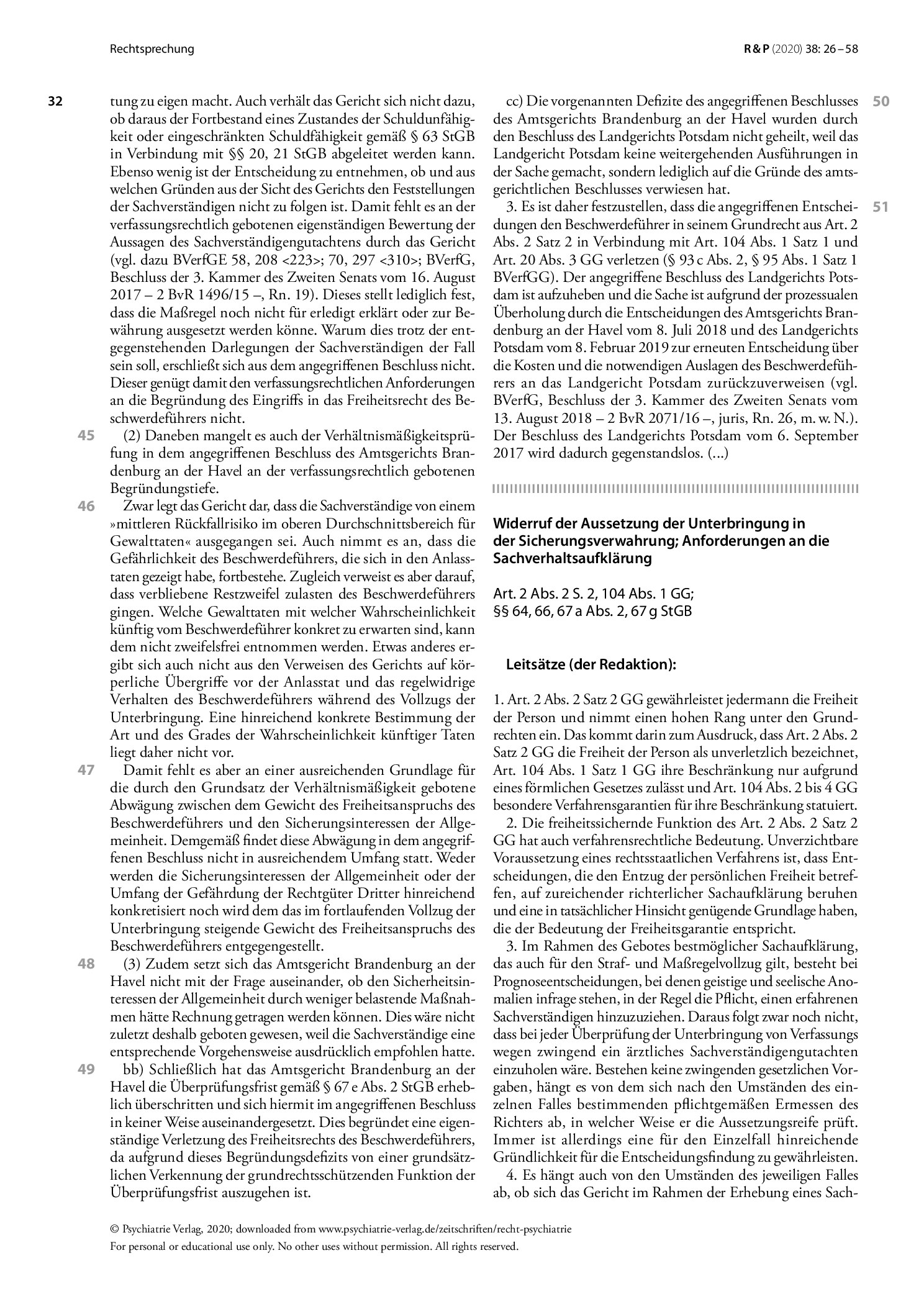 Vorschauseite 1: Widerruf der Aussetzung der Unterbringung in der Sicherungsverwahrung; Anforderungen an die Sachverhaltsaufklärung