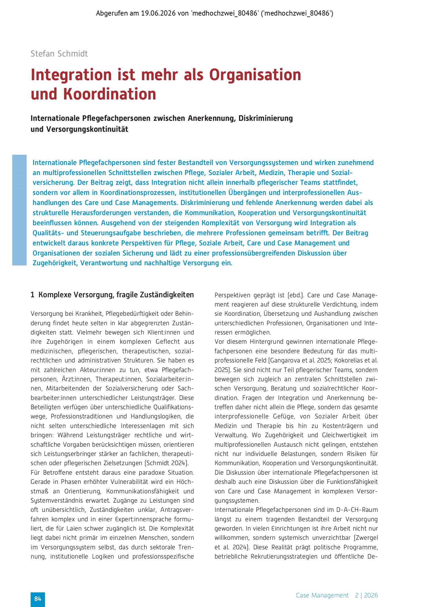 Vorschauseite 1: Integration ist mehr als Organisation und Koordination: Internationale Pflegefachpersonen zwischen Anerkennung, Diskriminierung und Versorgungskontinuität
