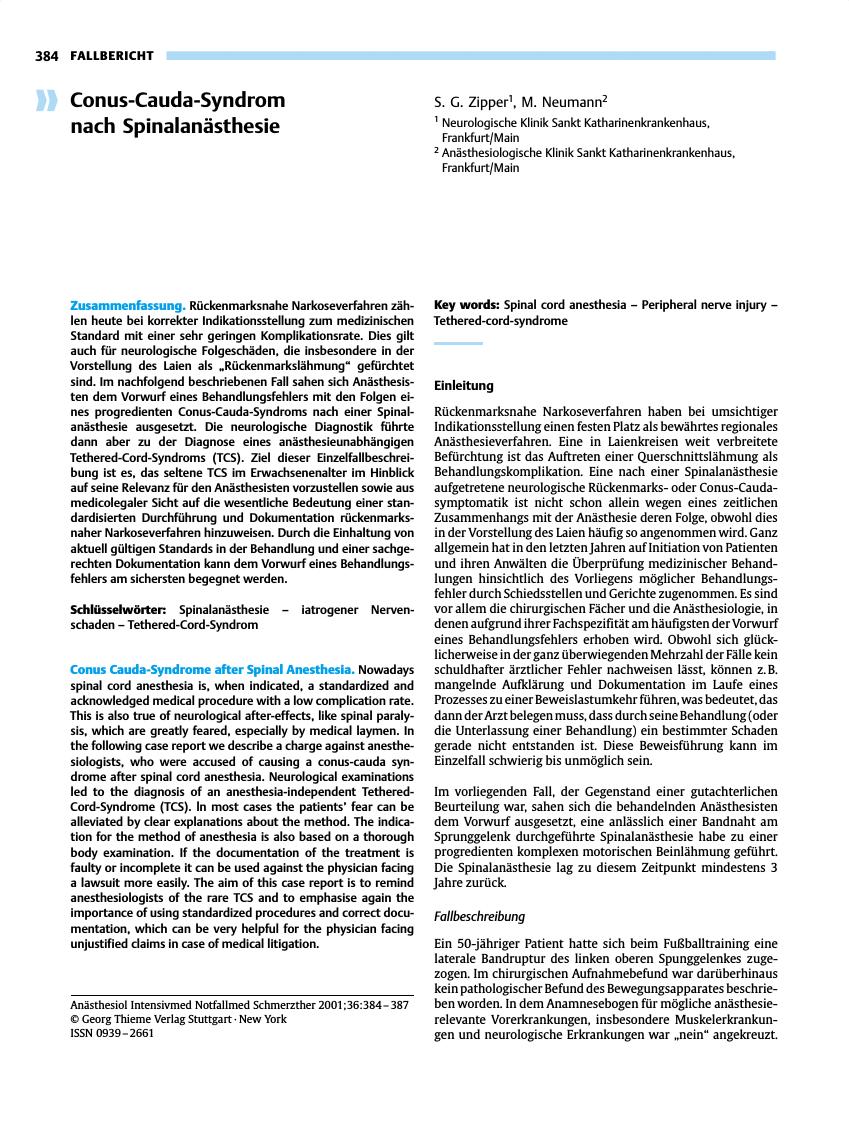 Vorschauseite 1: Conus-Cauda-Syndrom nach Spinalanästhesie