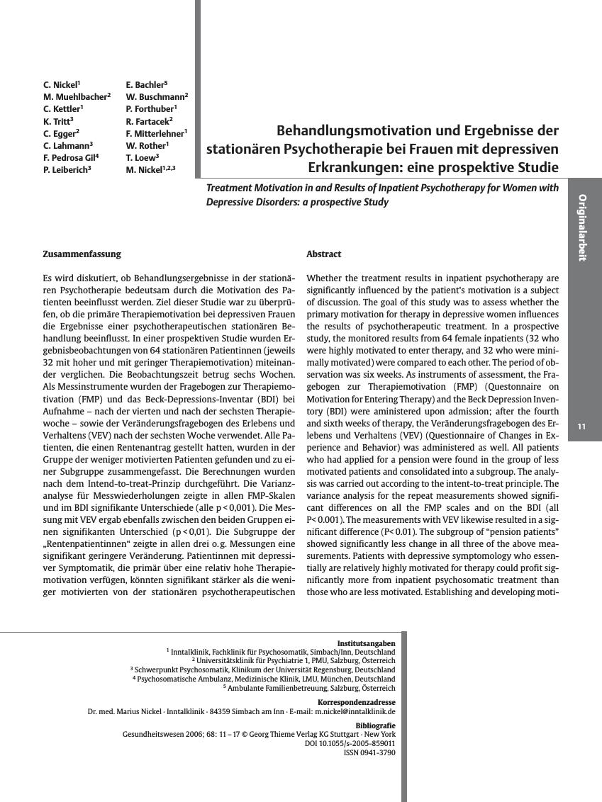 Vorschauseite 1: Behandlungsmotivation und Ergebnisse der stationären Psychotherapie bei Frauen mit depressiven Erkrankungen: eine prospektive Studie