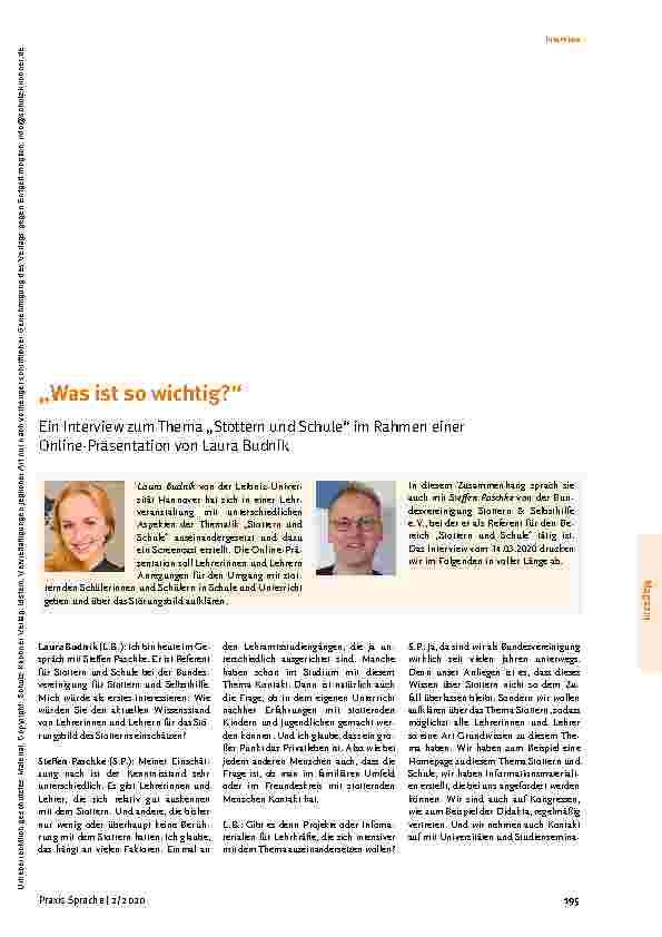 Vorschauseite 1: Interview Praxis Sprache | 2/2020 195 Magazin „Was ist so wichtig? “ Ein Interview zum Thema „Stottern und Schule“ im Rahmen einer Online-Präsentation