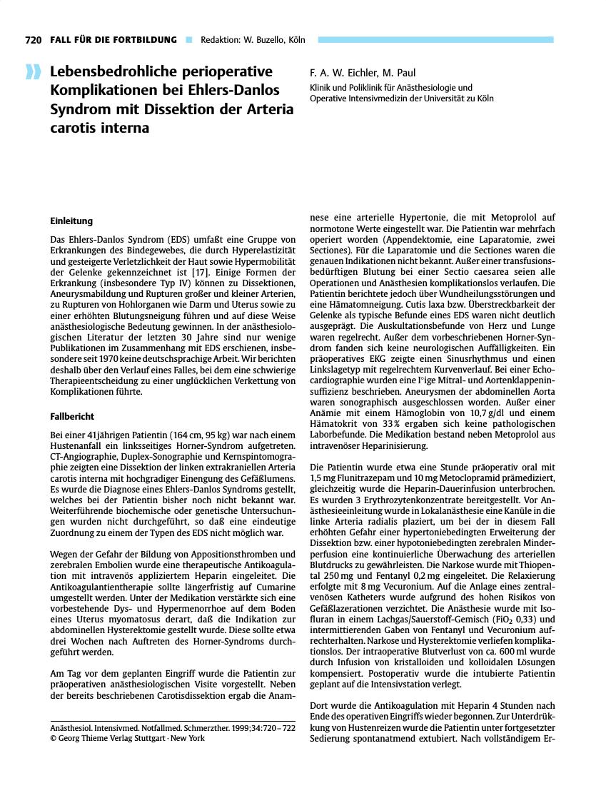 Vorschauseite 1: Lebensbedrohliche perioperative Komplikationen bei Ehlers-Danlos Syndrom mit Dissektion der Arteria carotis interna