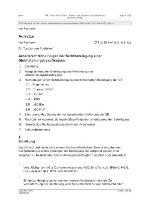 Vorschauseite 1: Arbeitsrechtliche Folgen der Nichtbeteiligung einer Gleichstellungsbeauftragten