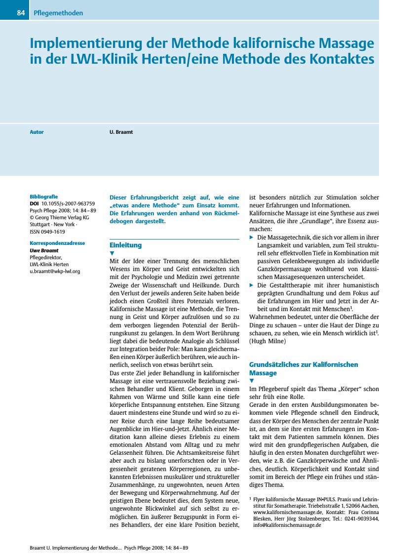 Vorschauseite 1: Implementierung der Methode kalifornische Massage in der LWL-Klinik Herten/eine Methode des Kontaktes