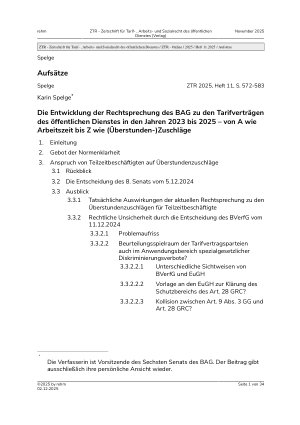 Vorschauseite 1: Die Entwicklung der Rechtsprechung des BAG zu den Tarifverträgen des öffentlichen Dienstes in den Jahren 2023 bis 2025 – von A wie Arbeitszeit bis Z wie (Überstunden-)Zuschläge