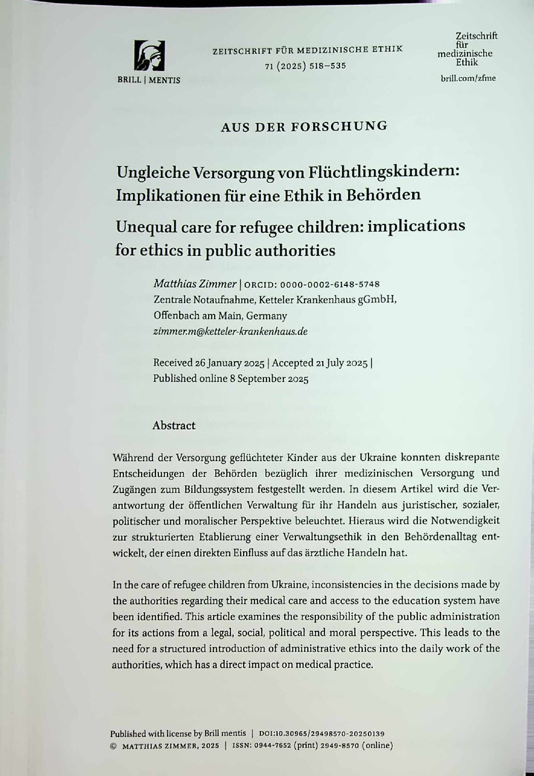 Vorschauseite 1: Ungleiche Versorgung von Flüchtlingskindern: Implikationen für eine Ethik in Behörden