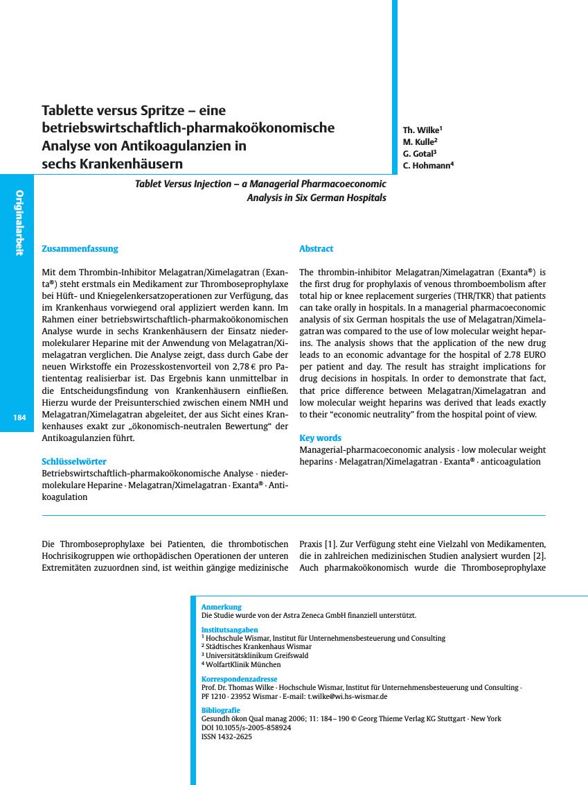 Vorschauseite 1: Tablette versus Spritze - eine betriebswirtschaftlich-pharmakoökonomische Analyse von Antikoagulanzien in sechs Krankenhäusern