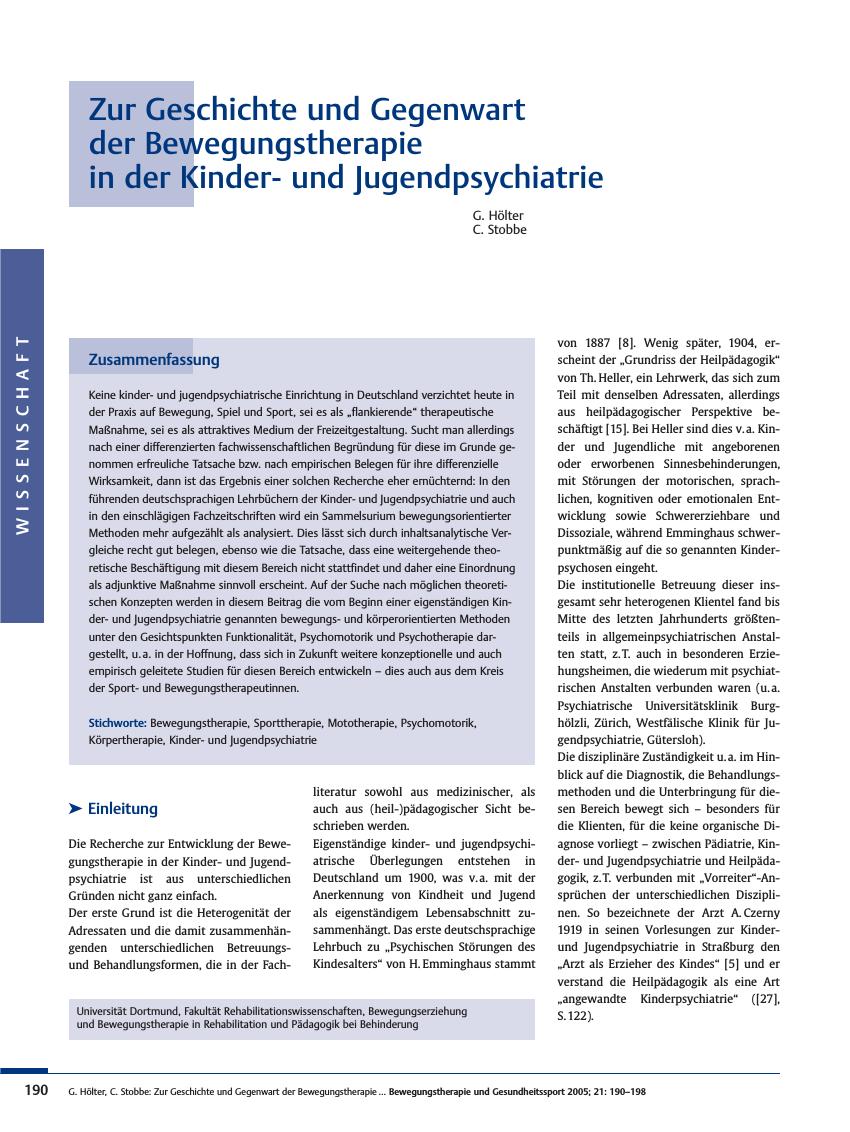 Vorschauseite 1: Zur Geschichte und Gegenwart der Bewegungstherapie in der Kinderund Jugendpsychiatrie