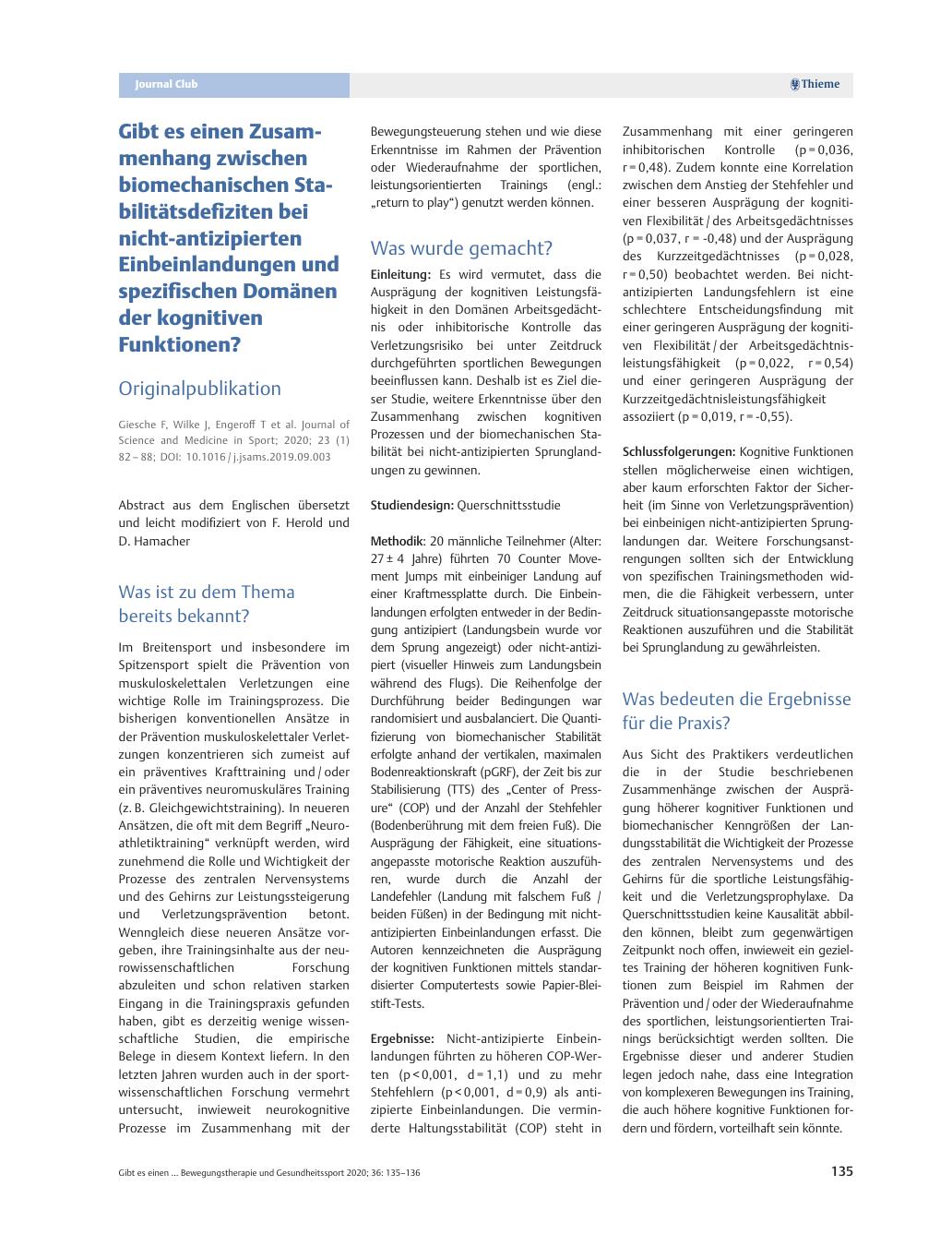 Vorschauseite 1: Gibt es einen Zusammenhang zwischen biomechanischen Stabilitätsdefiziten bei nicht-antizipierten Einbeinlandungen und spezifischen Domänen der kognitiven Funktionen?