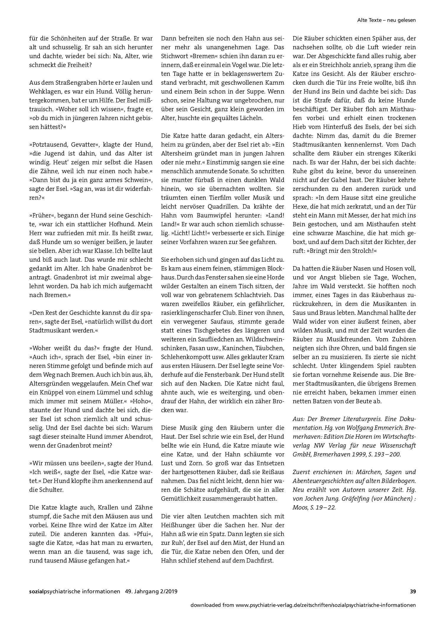 Vorschauseite 2: Vorbemerkung zu Alte Texte – neu gelesen: Die Bremer Stadtmusikanten