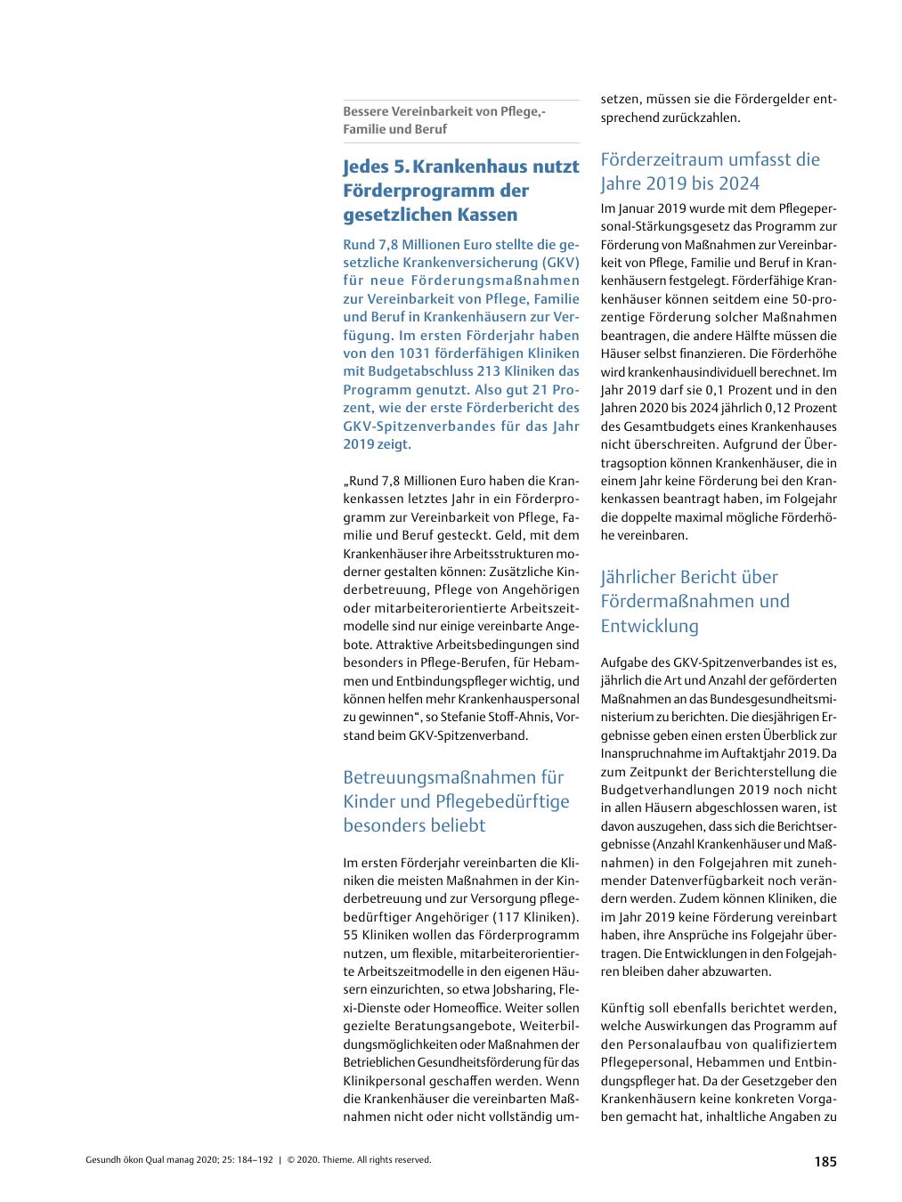 Vorschauseite 1: Bessere Vereinbarkeit von Pflege, Familie und Beruf? Jedes 5. Krankenhaus nutzt Förderprogramm der gesetzlichen Kassen.