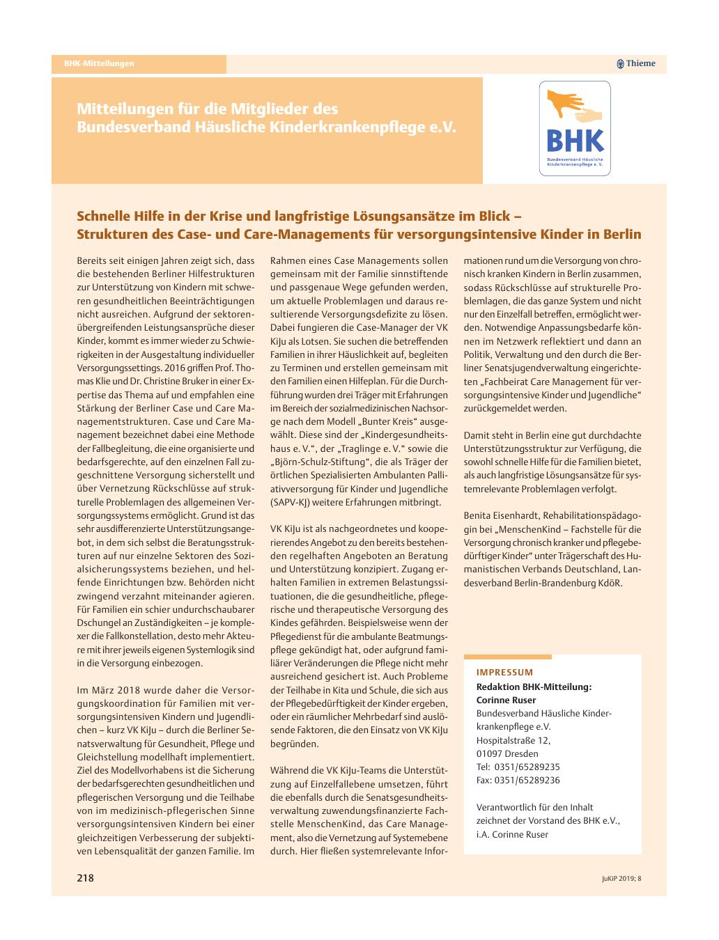 Vorschauseite 1: Schnelle Hilfe in der Krise und langfristige Lösungsansätze im Blick – Strukturen des Caseund Care-Managements für versorgungsintensive Kinder in Berlin